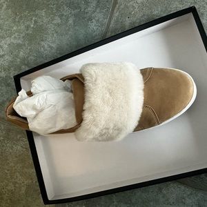 J Slides new in box, tan suede with furry detail